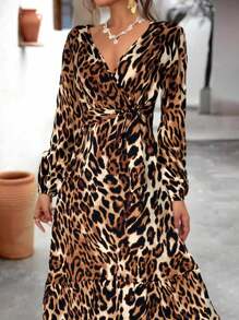 Vestido casual de manga farol con estampado de leopardo, Vestido Maxi Elegante y Elegante, Vestido corto de manga larga con cuello en V y estampado animal, Vestido evasé con cintura y cuello en V, manga farol, vestido largo para mujer en otoño, Vestido mini de mujer con estampado de leopardo, cuello en V, mangas de linterna recogidas, silueta de vuelo con volantes en el bajo y cintura ceñida, elegante y sexy - Marrón - Ver 5