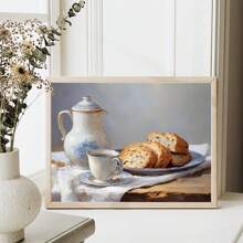 1 Piece, Canvas Hanging, Framed Decorative Painting, Coffee And Bread, Kitchen Still Life, Vintage Farmhouse Decor Art, Oil Painting Print, Country Kitchen Wall Art, Spring Afternoon Tea Decor Mural, French Decor, Spring Home Decor Gifts Birthday Graduation