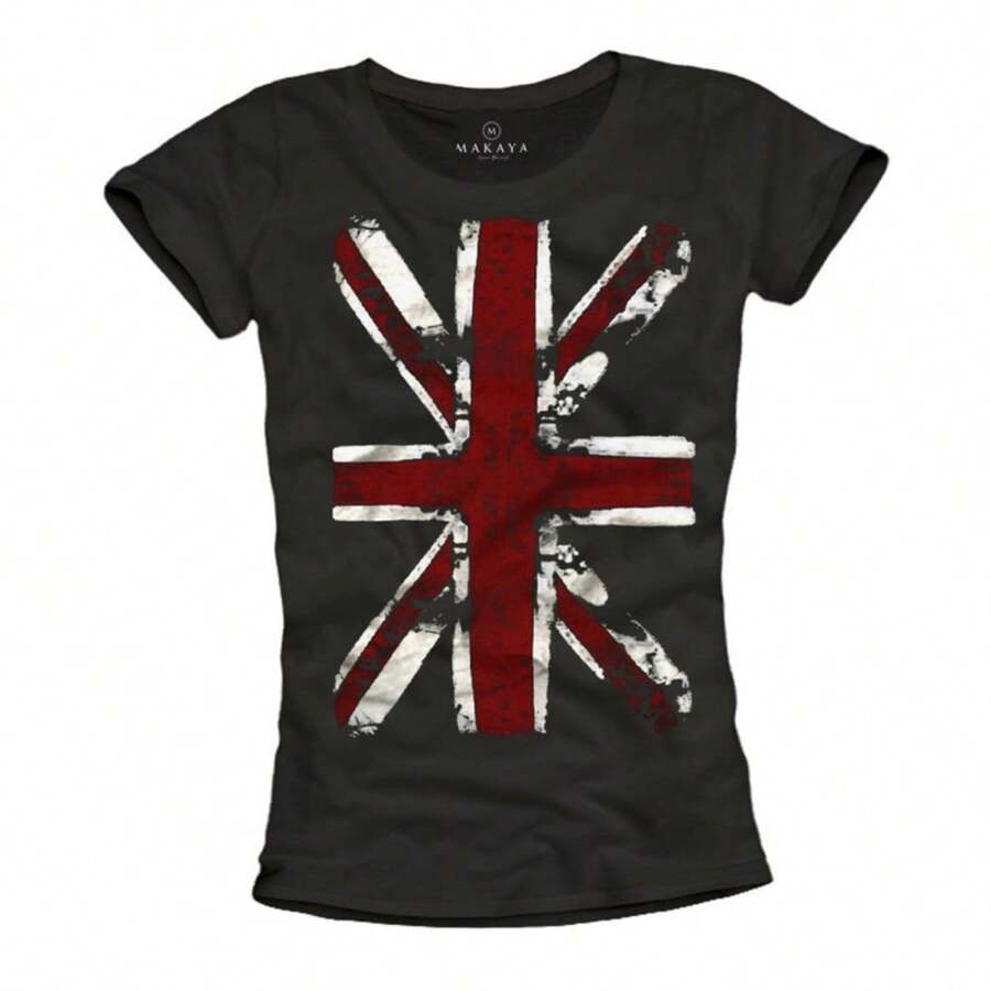 Womens Union Jack Tshirt - England Flag UK Top - Band Tee Shirt  Oversize Print SML - 黑色 - 查看 1