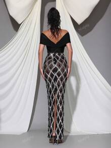 Modphy Abito lungo nero in tulle lucido e aderente con decorazioni di cristalli e paillettes, scollo spalle scoperte, adatto per invitati a matrimoni, vacanze, danza, feste, cene formali, abito da sera