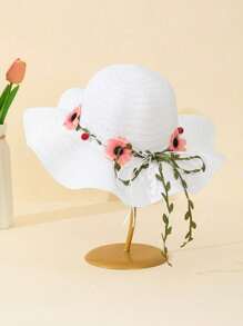 1 件女童米色波浪边太阳帽，带花卉蝴蝶结装饰，波西米亚风格，适合夏季户外活动、海滩度假、日常穿着、母女搭配 - 花環波浪草帽 - 查看 3