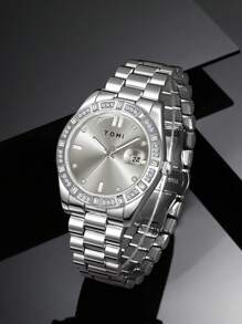 TOMI Men's Quartz Watch With Crown Brooch Ring Set, Minimalist Design With Rhinestone Dial, Zinc Alloy Strap, Gift Box For Daily Life, Business Events, Father's Day, Valentine's Day, Christmas, - White - View 4