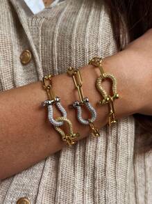 1Pc Women's Chain Bracelet With Gold And Silver Diamond Studded Horseshoe Buckle, With A Shiny And High-End Style, Suitable For Women To Wear During Events