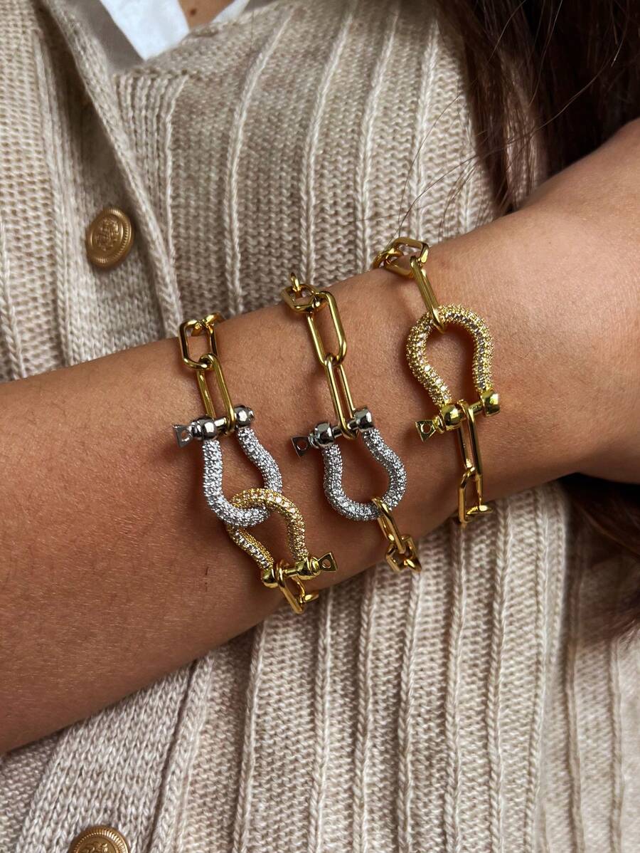 1Pc Women's Chain Bracelet With Gold And Silver Diamond Studded Horseshoe Buckle, With A Shiny And High-End Style, Suitable For Women To Wear During Events