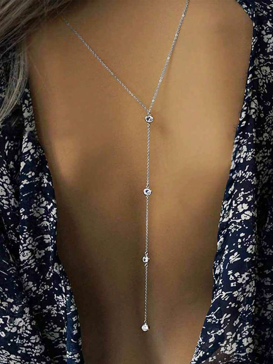 1pc Elegant Glass Rhinestone Backless Body Chain, Suitable For Women, Special Occasions, Festivals, Parties, And Daily Wear - Silver - View 1