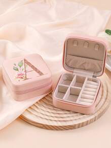 1pc Caixa de joias rosa com flores rosas, caixa de joias de viagem da moda com letras de ouro rosa, caixa de joias de viagem de presente personalizada, presentes de aniversário para mulheres, presentes de Natal para meninas adolescentes, iniciais, caixa de joias de viagem A-Z