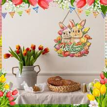 Easter Wreaths For Front Door Bunny Welcome Wood Sign Door Hanger Spring Decorations Easter Hanging Plaque Rabbit Sign Decorations For Home Shop Garden