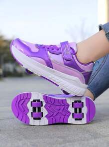 1 par de zapatos de patines de ruedas para niños/niñas de primavera/otoño, diseño mejorado de 4 ruedas para mayor estabilidad, ruedas desmontables, 2 en 1 con zapatilla, material de espejo de moda y genial, apropiado para uso diario