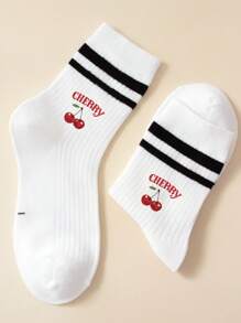 1双儿童袜子，四季皆宜，甜美樱桃印花中筒袜，女童款，黑白条纹，柔软舒适，适合春秋季穿着，男童款，适合上学和日常穿着。 - 彩色 - 查看 3