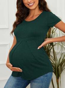 Women's Maternity Tops Short Sleeve Round Neck Front Pleat Peplum Tunic Top Pregnancy Casual T Shirts - Màu xanh lá cây đậm - Xem 3
