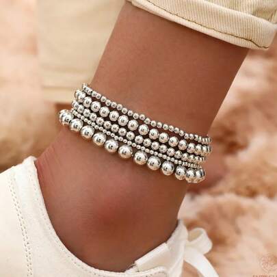 5 件装多层时尚简约风格串珠脚链套装（金色和银色）