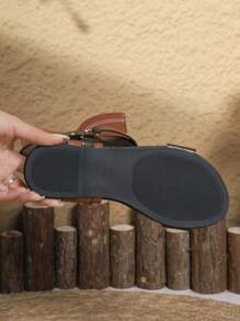 罗马风格平底凉鞋，高帮铆钉拉链休闲户外圆头沙滩拖鞋，春夏 - 卡其色 - 查看 9