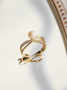 1pc Bridal Bridesmaid Ring With Adjustable Open Design & Cross Rhinestone & Faux Pearl Decoration, Gold Vintage