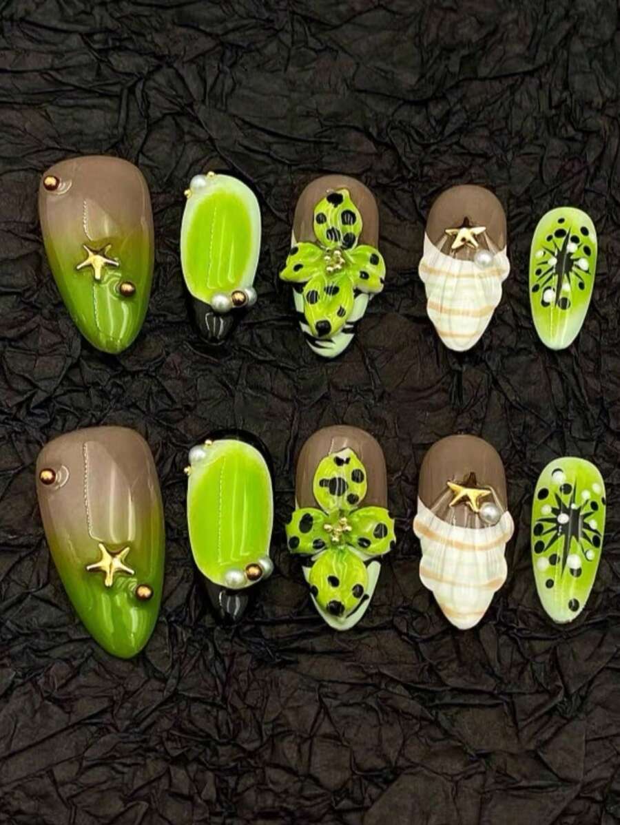 2025 New Y2k European And American Niche Polka Dot Green Leaf Shell Almond French Style Personalized Manicure Pure Handmade Wear Nail 10 Pieces,Press On Nails - Follow Your Heart - View 1
