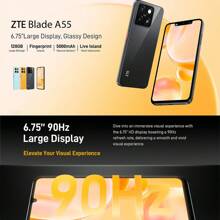ZTE ZTE, Smartphone, Blade A55 Phantom Black, Desbloqueado, Android 14, (4 GB de RAM + 8 GB de fusão) + 128 GB de ROM, Bateria de 5000 mAh, Dual SLM 4G, O plugue é padrão europeu, NFC é suportado, 4G LTE, Versão global