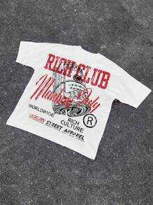 1 pieza Camiseta de manga corta con hombros caídos para hombres, estilo casual de calle, con gráfico de lema de dinero divertido, ajuste holgado, cuello redondo, ajuste oversize, ligera para verano, casual para ir a la calle