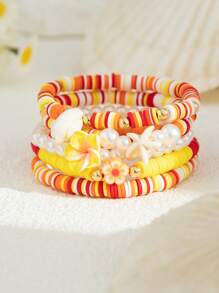 5 件/套时尚多元素海星和贝壳装饰彩色聚合物粘土手链，复古仿珍珠和花珠吊饰弹性手链套装，适合女性/女孩日常装饰、节日穿着、礼物、春夏珠宝套装