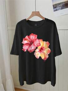 Oversized Casual Hibiscus Print Round Neck Short Sleeve T-Shirt For Women, Suitable For Summer - 黑色 - 查看 1