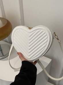 1 pieza Bolso pequeño de unicolor simple y elegante para niñas, nueva bolsa de mensajero de hombro con textura en forma de corazón, material de PU, bolso de corazón de niña de moda, bolso de mensajero de hombro a cuadros elegante y versátil con cierre de cremallera, muy adecuado para salidas y citas