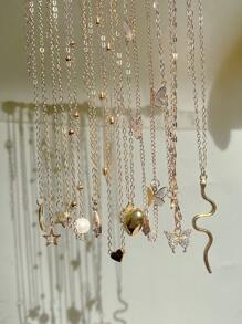 17KM 9pcs/Set Elegant Vintage Heart, Butterfly, Faux Pearl, Rhinestone, Teardrop, Star, Moon Hollow Design Multi-Layer Necklace Set, Suitable For Holiday, Party, Date, Daily Wear As Gift