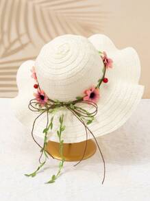 1 件女童米色波浪边太阳帽，带花卉蝴蝶结装饰，波西米亚风格，适合夏季户外活动、海滩度假、日常穿着、母女搭配 - 花環波浪草帽 - 查看 17