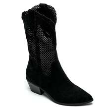 Bottes mi-mollet style western en suédine ajourée - 黑色 - 查看 1