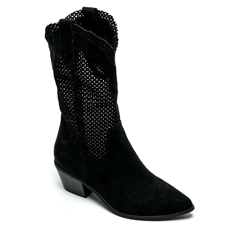 Bottes mi-mollet style western en suédine ajourée - 黑色 - 查看 1
