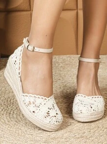 女士麻绳坡跟蕾丝镂空网眼休闲包头圆头凉鞋，透气厚底高跟草编鞋，百搭渔夫凉鞋