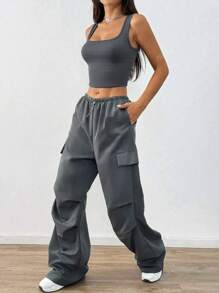 Set de 2 piezas Mujer Top deportivo y pantalón cargo de unicolor informal con diseño de bolsillos