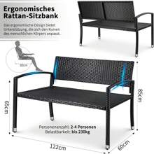 2 Seater Garden Bench Rattan 122x60x85cm, Polyrattan Bench Weatherproof, Balcony Bench, 320 Kg Load Capacity, Comfortable Garden Furniture Bench, Park Bench, One-Sided Rattan