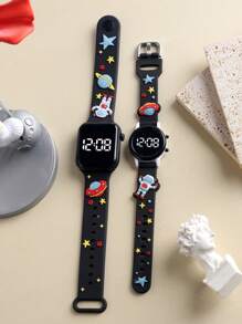 2pcs Space Rocket Design LED Digital Bracelet Watch, Suitable For Daily Wear And Gift, Unisex - Black - View 2