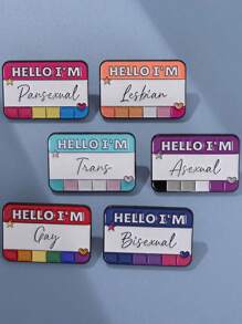 1pc Creative Colorful Geometric Letter Shaped Metal Brooch Pin, Cartoon Dopamine Colored English Short Phrase Badge Lapel Pin - Multicolor - View 2