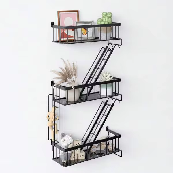 Tomnk 3-Tier New York Decorative Ladder Shelf, Room Organization, Wall Decor Floating Shelf Black Metal Shelves For Bedroom, Home Office Storage And Display, Room Decor