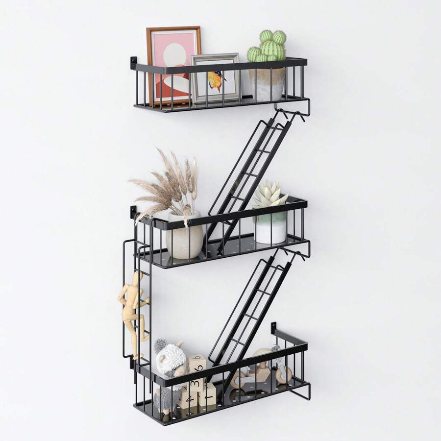 3-Tier New York Decorative Ladder Shelf, Room Organization, Wall Decor Floating Shelf Black Metal Shelves For Bedroom, Home Office Storage And Display, Room Decor