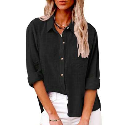 Button Down Shirts For Women Lapel Long Sleeve Cotton Linen Tops Causal Lightweight Comfy Fall Blouse Tees