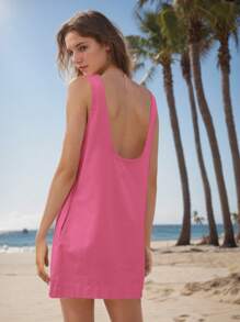 hoteel Women's Sleeveless Tank Dress Crew Neck Open Back Dress Beach Sunshine Cotton Mini Dress - Hot Pink - View 2