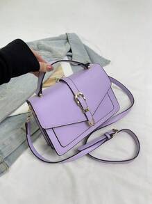 Leather Belt Decor Flap Top Handle Shoulder Bag - Mauve Purple - View 5