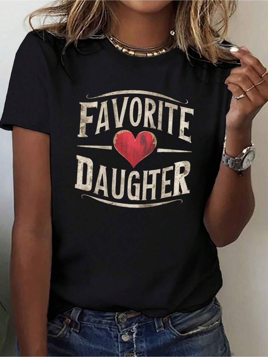 [Sporty T-Shirt]Favorite Daughter Graphic T-Shirt For Women - Soft & Comfortable Casual Tee With Heart Design, Short Sleeves, Round Neck, Machine Washable |   Relaxed Fit |   Plus Size - màu đen - Xem 1