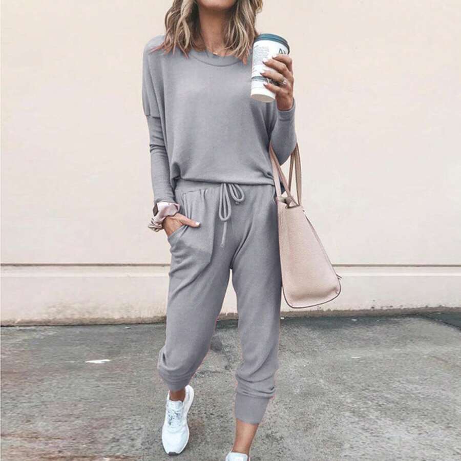 Women Tracksuits, Casual Sportswear Set Solid Color Long Sleeve O-Neck Pullover+Drawstring Trousers Lady Spring Tracksuit Outfit - Light Grey - View 1