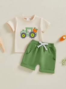 Kid's Summer Style Boys' Tractor Embroidered Short Sleeve Tops With Solid Color Shorts Sets - Green - View 1