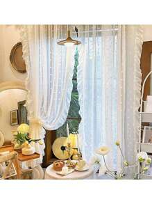 1 pieza/2 piezas Cortina romántica francesa blanca con volantes de encaje con relieve y pompones, Panel de cortina vaporosa de tul con puntos delicados para sala de estar, dormitorio, separador de balcón, decoración de boda, telón de fondo para habitación nupcial