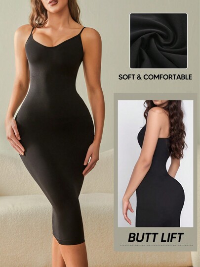 1pc Women Black Spaghetti Strap Tummy-Control Lift Up Bodycon Dress, Suitable For Underlayer Or Outerwear
