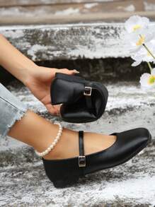 Women's Buckle Decor Black Simple Ballet Flats, Fashionable And Elegant Mary Jane Shoes, Suitable For Spring, Autumn, Winter, All Seasons. The Rubber Sole Provides Soft And Durable Features, Enhancing Foot Comfort. Suitable For Professional Attire, Student Wear, Home, Travel, Elegant Style, And Classic Versatile Design. - Black - View 5