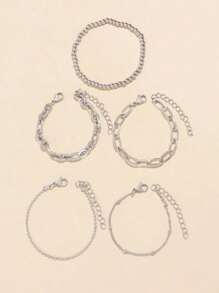 5 件/套球珠袖口女士男士波西米亚海滩金色银色手链饰品金属个性珠宝 - 銀色 - 查看 7