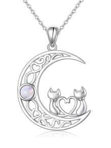 1pc Cute Kitty, Heart & Moon Pendant Necklace With Synthetic Crystal, Minimalist Design For Women