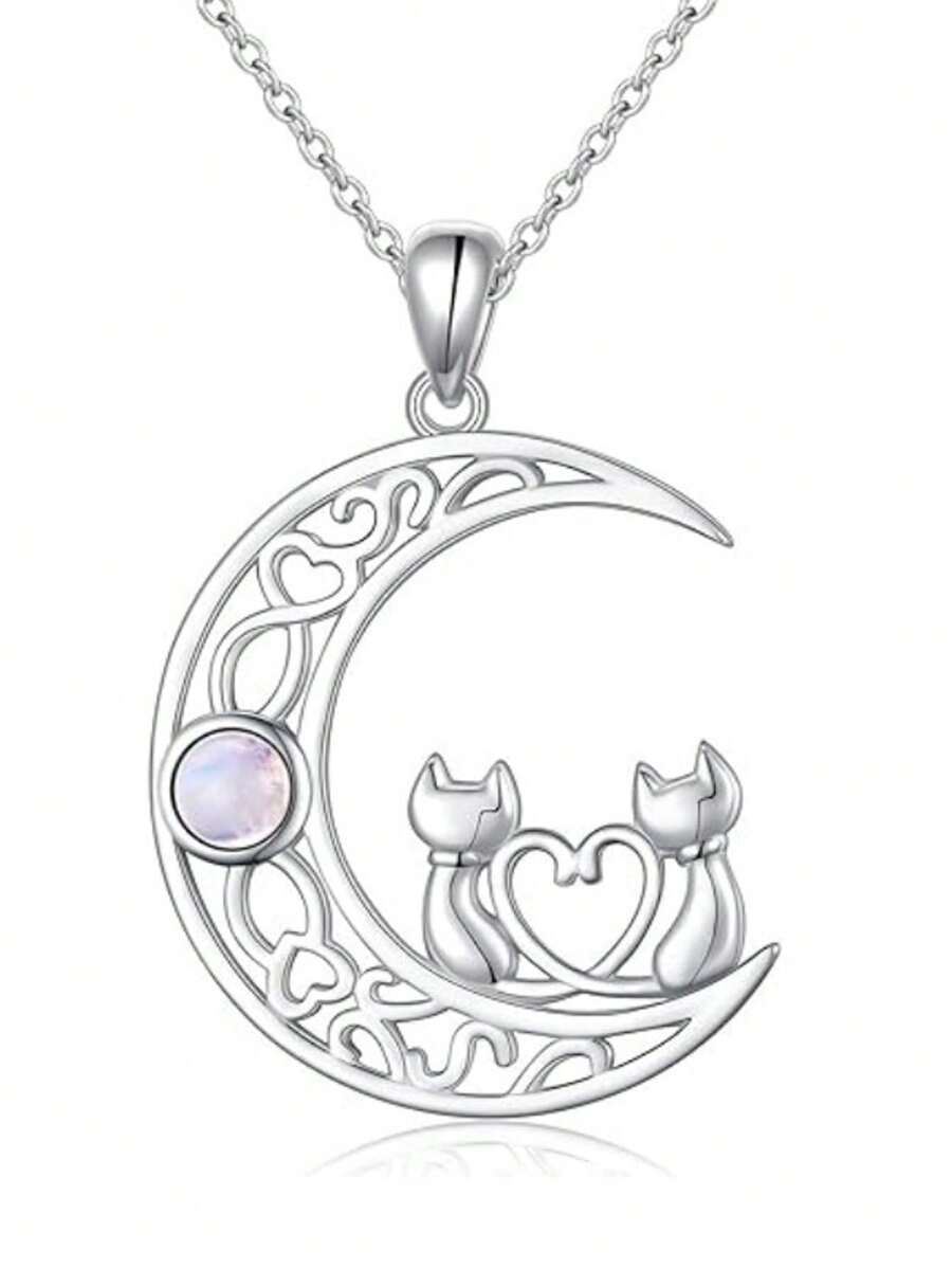 1pc Cute Kitty, Heart & Moon Pendant Necklace With Synthetic Crystal, Minimalist Design For Women