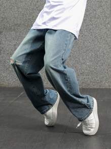 Straight Leg Distressed Splatter Paint Washed Casual Denim Jeans, Edgy High Street Vibe - Light Wash - View 3