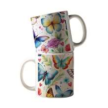 1pc 11oz Butterflies Hearts Flowers Beautiful Watercolor Mug Spring Flowers Butterflies Coffee Mug Ceramic Coffee Cup, Mother's Day Gift, Double-Sided Printing, Washable Reusable Milk Cup Coffee Cup Multi-Purpose Travel Mug, Gifts For Her Mom - 白色 - 查看 2