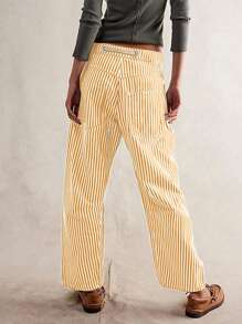 Women Striped Pants Elastic Waist Drawstring Patchwork Wide Leg Pants Loose Trousers With Pockets - Yellow - View 3