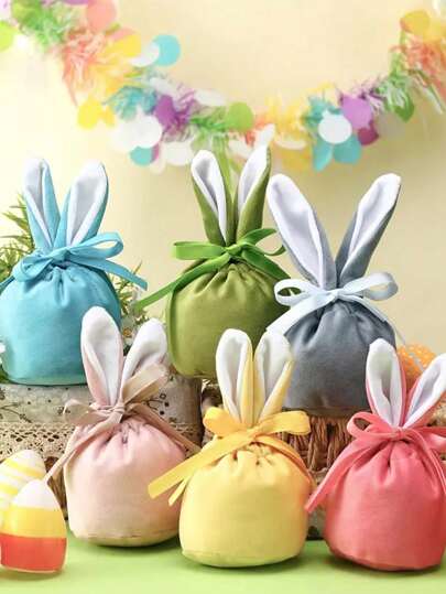 5pcs/Set Holiday Rabbit Gift Bags, Rabbit Ear Plush Drawstring Bags, Rabbit Gift Bags, Rabbit Party Gift Baskets, Party Supplies, Candy Snacks, Jewelry